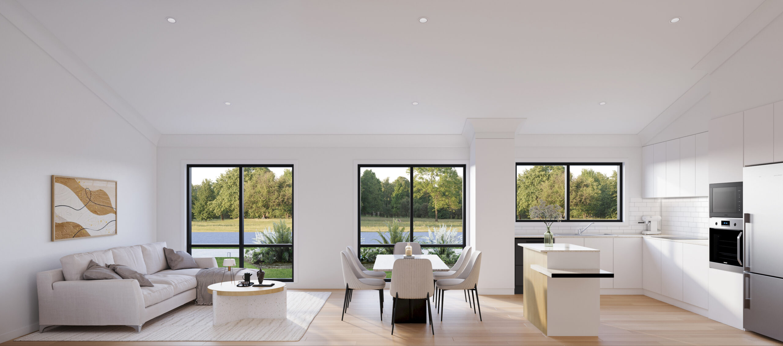 A render of a lounge, dining and kitchen area